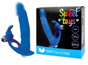 Насадка для двойного проникновения с клиторальным стимулятором "Sweet Toys" синяя